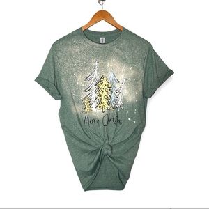 MERRY Christmas Tree Bleach Tee Handmade Heather Green Color Size Medium